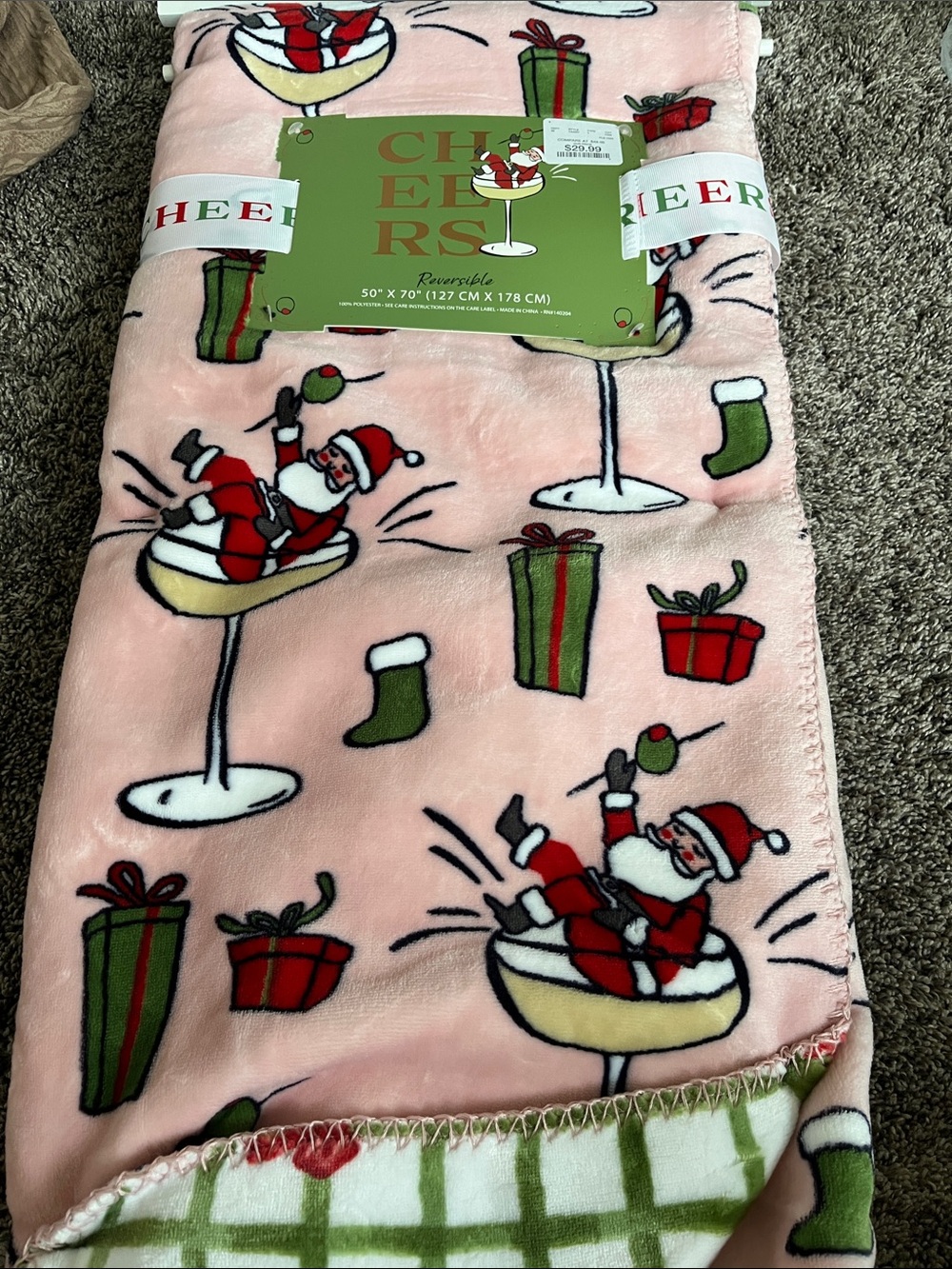 CHEERS!  Reversible Pink Santa Pattern Blanket!  Soft!  Cute!
